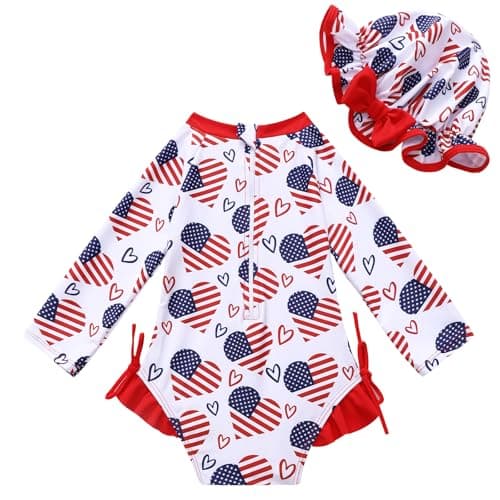 AMAWMW Infant Baby Girl Swimsuit Long Sleeve One-Piece Swimwear with Hat Rash Guard Floral Zipper Bathing Suit Beach Wear - Thumbnail 5