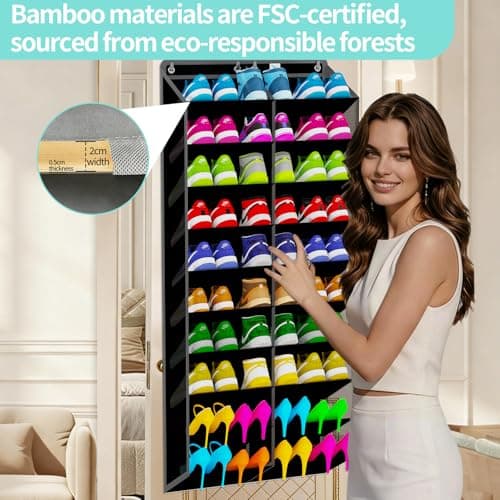 Heavy-Duty, over the door shoe organizer, Extra-Wide Large, shoe organizer, Holds 30 Pairs & Supports 100lbs, shoe rack, with Reinforced Grommets & Bamboo Rods, Fits Men's Size 12 & Boots, Black - Thumbnail 5