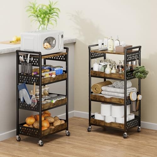 MJIMKE 4-Tier Utility Rolling Cart with Wheels - Kitchen Organizations and Storage Metal Cart, Detachable Fruits Coffee Snacks Art Craft Storage Cart for Bathroom, Pantry & Laundry, Black - Image 1