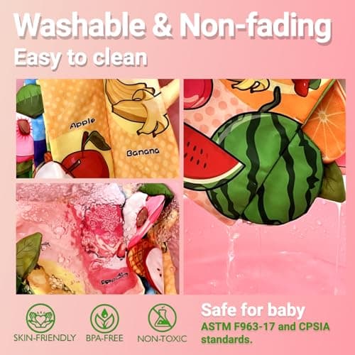 chochumy Baby Crinkle Books 0-6-12 Months, Infant Soft Cloth Tummy Time Toy for Babies 0-3-4-5-7-8-9-12-18 Month Old, Newborn Girl Boy Gifts Touch Feel Sensory Fruit Travel Book Easter Basket Stuffers - Thumbnail 5