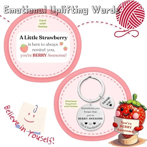 Maffuno Positive Crochet Strawberry Gifts for Women: Easter Basket Stuffers Birthday Gifts for Friend Daughter Mom Sister Her, Handmade Strawberry with Emotional Cheer Up Support Card (Berry Awesome) - Thumbnail 5