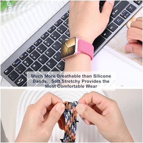 OMECKY Magnetic Braided Loop Band Compatible with Apple Watch Series 11 10 46mm 9 8 7 6 5 4 42mm 44mm 45mm 49mm for Women Men, Stretchy Nylon Elastic Sport Strap for iWatch SE/Ultra 1/2/3, Orange Pink - Thumbnail 5