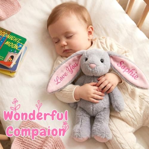 MYPHNEX Personalized Bunny Stuffed Animal, Custom Bunny Plush with Embroidered Name, Toys for 1 2 3 Year Old Baby Girls Boys, Customized Christmas Birthday Gifts for Infant Toddler Newborn (Bunny) - Thumbnail 2