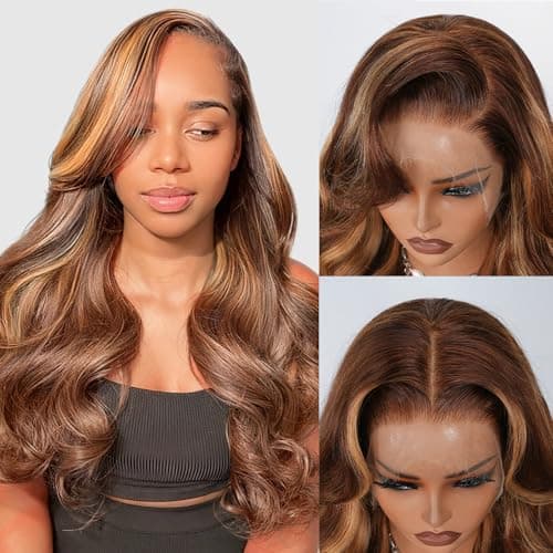 4/27 Highlight Ombre Body Wave Human Hair 13x4 Full Frontal Lace Wig Skinlike HD Lace Wig 0.1mm Ultra-thin Invisible Bleached Tiny Knots with Hairline Honey Blonde Balayage 200% Density Glueless Wig - Image 1