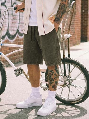 JMIERR Men's Athletic Shorts Moisture Wicking Vintage Acid Washed Cotton Loose Fit Elastic Waist Drawstring Casual Baggy Gym Shorts for Vacation,Office Date, Jungle Green, Medium - Thumbnail 3