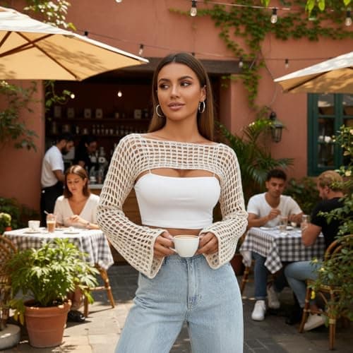 Mincib Womens Crochet Shrug Y2K Hollow Out Bolero Shrug See Through Cropped Knit Sweater Top(Beige,S) - Thumbnail 3