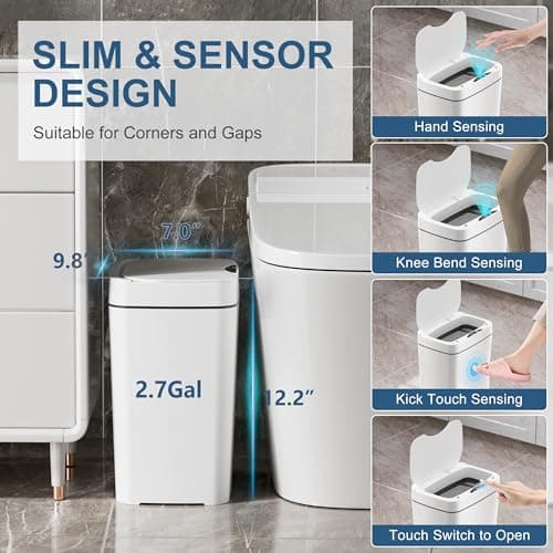 Vanpopubs 2 Pack 2.7 Gal Bathroom Trash Can with Lid, Automatic Trash Can Small Smart Garbage Can Touchless, Slim Motion Sensor Waterproof Plastic Trash Bins for Bedroom Office Kitchen Toilet - Thumbnail 3
