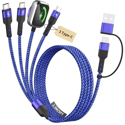 Cruise Travel Essentials 3 Type-C Ports 4 in 2 Multi Charging Cable for iWatch Charger/ iPhone17, USB C Splitter USBA/USBC Cable for iWatch Ultra/SE/11-2, iPhone17-15/S26/Car Charger, More, 5FT Blue