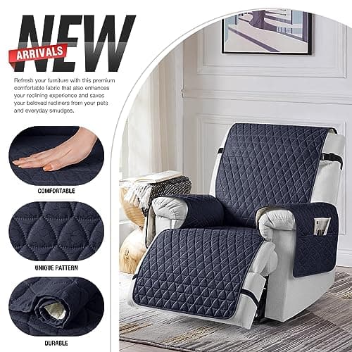 TAOCOCO 100% Waterproof Recliner Chair Covers, Non Slip Recliner Covers that Stay in Place, One-Piece Washable Reclining Chair Cover with Elastic Straps, Dark Blue, Fits 28" Seat Width - Thumbnail 6