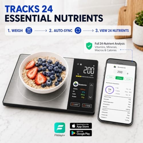 WARMKEY Smart Nutrition Food Scale with TFT Display & App for Daily Reports,Tracks Calories/Fat/Carbs/Protein,1g Precision, 5kg/11lb,50 Built-in Foods 24 Nutrients,Digital Kitchen Scale for Meal Prep - Thumbnail 3