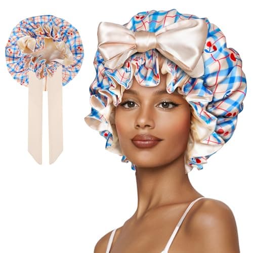 Vettres Cute Adjustable Silk Bonnet for Sleeping Double Layer Satin Cap Hair Sleep Bonnet for Curly Hair Cherry Blue
