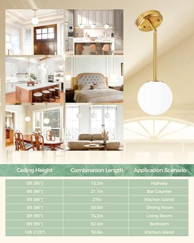Majade Globe Pendant Lights Kitchen Island Mid Century Modern Pendant Light Fixtures 2 Pack 7.4 Inch Gold Ceiling Lighting with Milk Glass Shade Adjustable Brushed Brass Hanging Light for Dining Room - Thumbnail 4