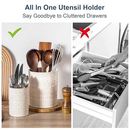 LOVECASA Utensil Holder, 7.2"+5.4" Ceramic Utensil Holder for Countertop, Large Cooking Utensil Crocks for Kitchen Counter, Farmhouse Utensil Vase for Housewarming, Kitchen Decor, Set of 2, Oasis - Thumbnail 3