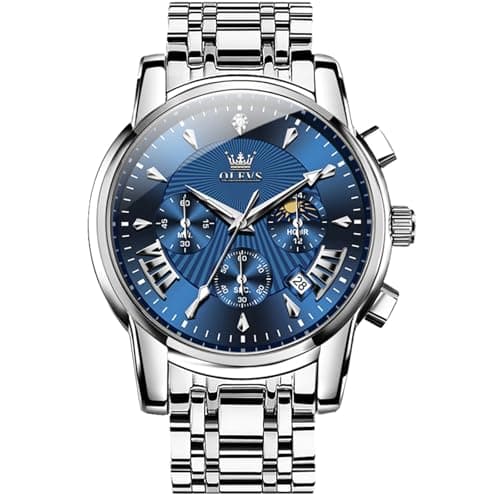 OLEVS Watches for Men Luxury Blue Face Mens Watch Classic Silver Stainless Steel Waterproof Big Face Men's Wrist Watches Unique Dress Quartz Chronograph Fashion Male Watch Relojes para Hombres - Image 1
