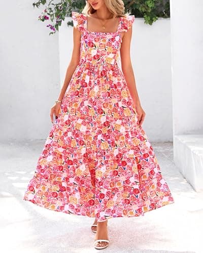 dowerme Summer Dresses for Women 2026 Casual Ruffle Smocked Tiered A-Line Boho Floral Maxi Beach Sun Dress with Pockets(Light Apricot Pink Flower,Small) - Thumbnail 3