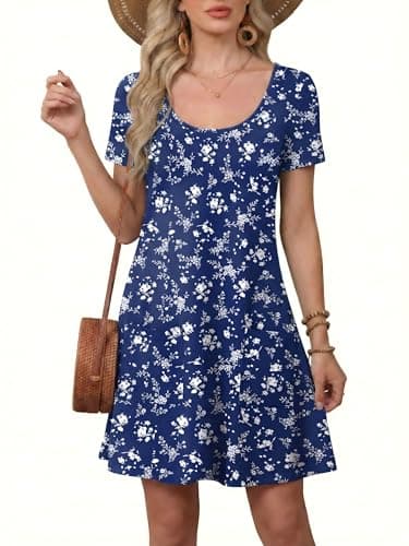 Moodclo Summer Dresses for Women Mist Blossom XX-Large U Neck Short Sleeve Casual Loose T Shirt Sundress Knee Length Beach Cover Ups with Pockets - Image 1