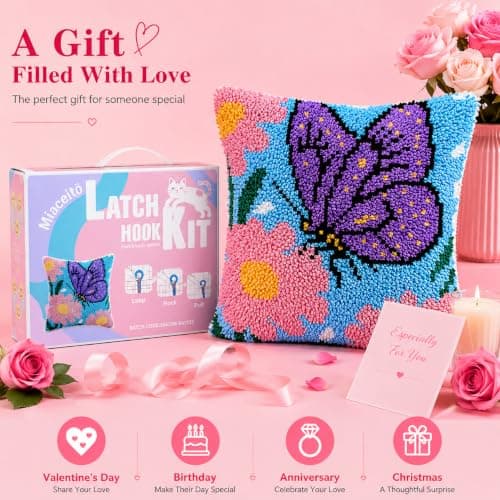 Miaceito Butterfly Flower Latch Hook Pillow Kit for Adults Beginners, Pre-Printed DIY Craft Set with Wooden Hook, 17x17 Inch Home Decor - Thumbnail 2