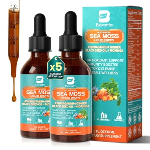 Sea Moss Drops - Irish Sea Moss Chlorophyll Liquid with Black Seed Oil, Ashwagandha, Moringa, Turmeric, Elderberry, Mullein, Seamoss Gel Supplement for Gut & Liver Cleanse, Immune Support - Vegan 2 Oz - Image 1