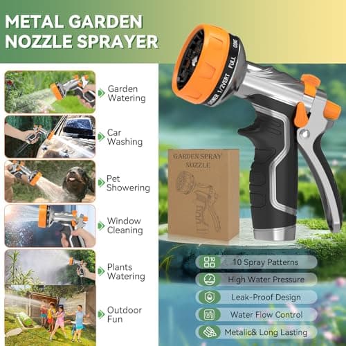Garden Hose Nozzle, Heavy Duty Metal Water Hose Nozzle with 8 Adjustable Spray Patterns, High Pressure Hand Sprayer with Flow Control for for Garden Watering, Car & Pet Washing - Thumbnail 6