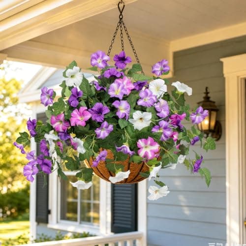Flortevera Artificial Fake Flowers Plants for Outdoor UV Resistant, 2PCS Silk Faux Petunias No Fade Summer for Outside Planter Front Door Porch Yard Patio Balcony Realistic Decoration Purple White - Thumbnail 5