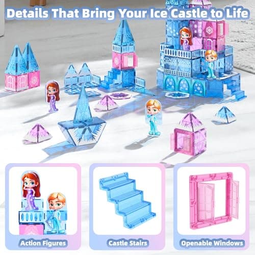 GobiDex Magnetic Building Blocks Princess Castle with 2 Dolls & Stairs, STEM Magnetic Tiles Building Toys for Kids Ages 3-5 4-8, Magnets Sensory Toddler Toys Birthday Gifts for 3+ Year Old Girls Boys - Thumbnail 2
