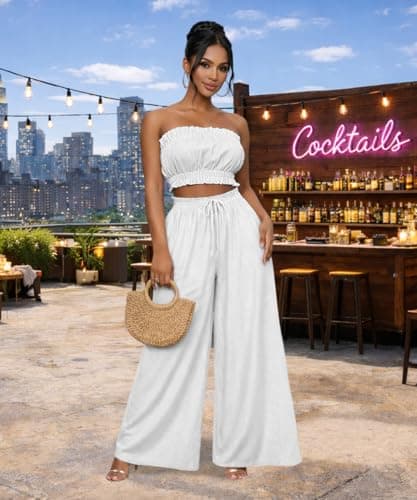 ABKY Two Piece Sets for Women Going Out Summer Off Shoulder Tube Top Palazzo Pants Set Vacation Birthday Party Date Night Outfits White 2XL - Thumbnail 4