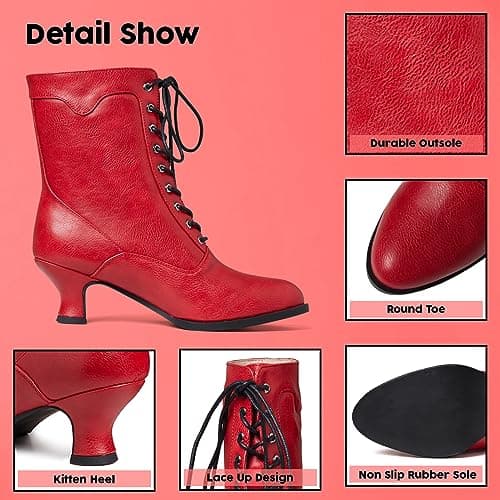 Yremael Women's Victorian Ankle Boots - Mid Calf, Round Toe, Chunky Heel, Lace Up Witch & Knight Boots in Red - Thumbnail 5