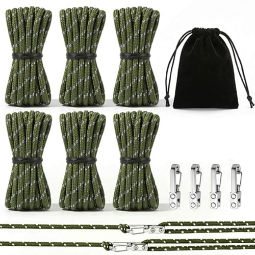 6 Pack Adjustable Rope Tensioner Set with Alloy Buckles and Storage Bag, Tie Down Ropes for Tent, Tarp, Hammock, Clothesline, Luggage & Outdoor Use (Green)
