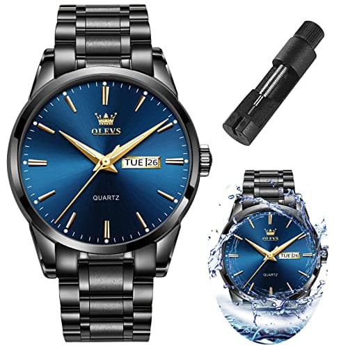 OLEVS Watch Men Black Stainless Steel Waterproof Blue Mens Watches Large Face Dress Casual Day and Date Watches for Men Luxury Wrist Watch for Man Classic Analog Quartz Reloj para Hombre - Image 1