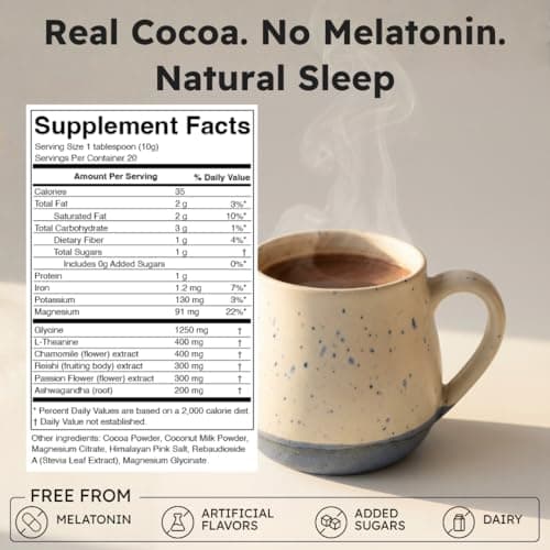 Brainoa Sleep Cocoa for Chocolate Lovers – With Magnesium Glycinate, Ashwagandha, Reishi Mushroom & L-Theanine – Bedtime Sleep Aid Drink for Adults – No Melatonin, Added Sugar, or Artificial Flavors - Thumbnail 2