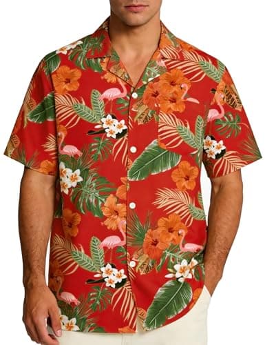 EoBeKee Men's Hawaiian Shirt Short Sleeve Button Down, Flamingo Print Tropical Casual Beach Shirts for Summer Party Vacation - Image 1