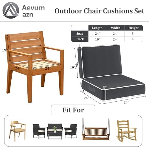5" Thicker Outdoor Chair Cushions Set of 2 - 24x24 Inch Patio Chair Cushion for Outdoor Furniture w/Fade-Resistant Removable Cover Waterproof Deep Seat Patio Cushions w/Straps Handle for Couch, Grey - Thumbnail 5