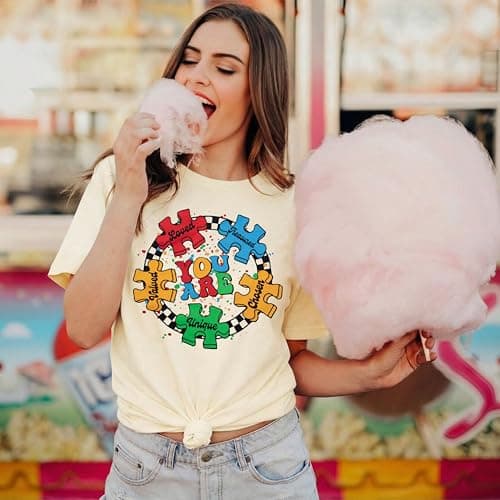 Autism Awareness T Shirt Women Autistic Support Graphic Tee Shirt Casual Puzzle Piece Bleached Tee Tops Apricot - Thumbnail 4