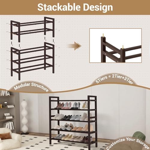 Haddockway Bamboo Shoe Rack for Closet, Free Standing Shoe Organizer with Smooth Round Rods & Convenient Handles, Stackable Shoe Storage Shelf for Entryway, Hallway(Brown, 5-Tier) - Thumbnail 4