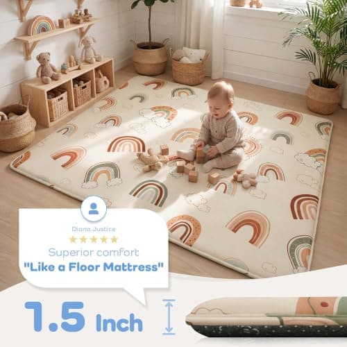 PaPaMat 1.5" Thick 71x59 Baby Play Mat Large Memory Foam Mats for Tummy Time Non-Slip Water-Resistant Crawling Playmat for Nursery Playroom Classroom, Rainbow - Thumbnail 2