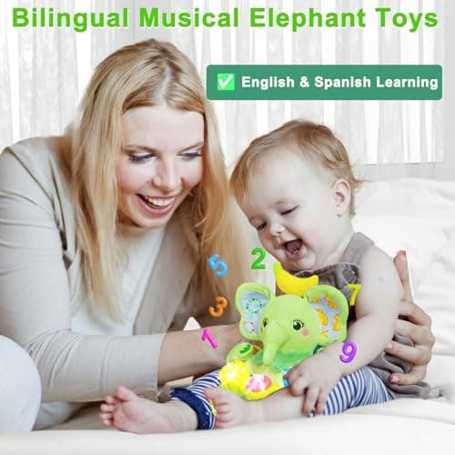 Holaxander Baby Elephant Musical Stuffed Animals Toy with Light-Up Music & Crinkle Sound Paper,Infant Bilingual Early Learning Education Toys,Tummy Time Toys for 0-3-6-12+ Months Boy Girl, Green - Thumbnail 5