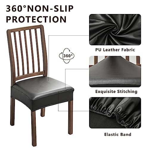 NILUOH Waterproof Seat Covers for Dining Room Chairs Set of 4, Pu Leather Chair Seat Slipcovers Removable Washable Chair Protctor Cover, Chair Slipcover for Family Dogs & Cats, Rear Covers (PU-Black) - Thumbnail 2