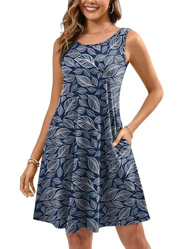 KORSIS Summer Dresses for Women Casual T Shirt Tank Floral Dresses Sleeveless Swing Flowy Ladies Beach Vacation Sundress with Pockets L - Image 1