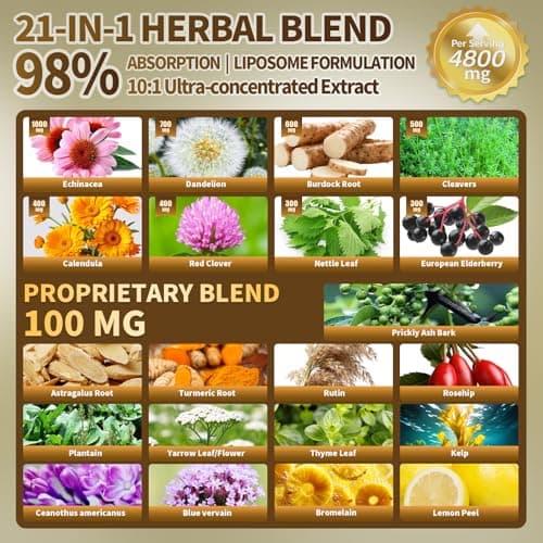 21-in-1 Liposome Lymphatic Drainage Supplements, 45 Day Supply, 4800mg Immune & Lymph System Support, 10:1 Concentrated Technology, Echinacea, Dandelion, Burdock, Bromelain, Calendula, 90 Capsules - Thumbnail 3