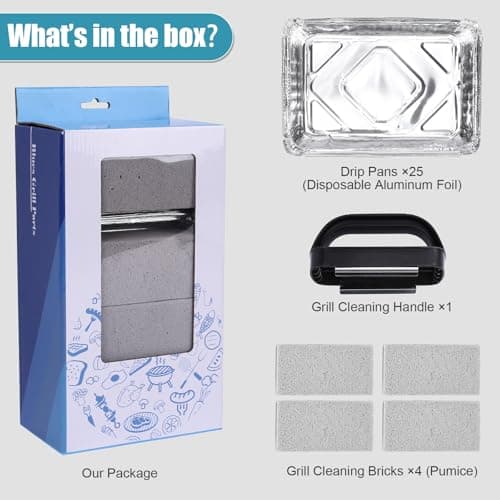 BLUES GRILL PARTS 25 Pack Aluminum Drip Pans & 4 Pack Grill Cleaning Pumice Bricks with Handle, Compatible with Weber Spirit, Genesis, Traveler, Q Series, Disposable Foil Grease Trays, for BBQ/Camping - Thumbnail 2