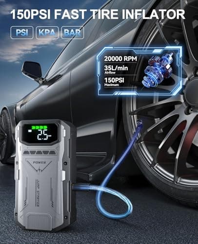 Jump Starter with Air Compressor, 4000A Portable Car Battery Charger Jump Box, 150PSI Tire Inflator and Battery Jumper Pack for 12V Vehicle, Jumper Starter Power Booster, Roadside Emergency Kit - Thumbnail 3