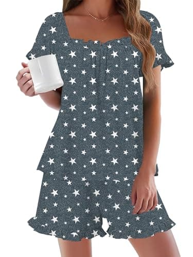 StunShow Short Pjs Sets for Women Gingham Pajamas White Lounge Set Women Babydoll Pajamas Modest Lingerie for Women Cute Lingerie Sets Star L - Thumbnail 2