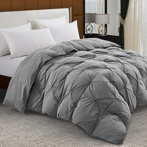 ALPSWAN Pinch Pleat Goose Feather Microfiber Down Comforters King Size, Grey 100% Cotton Duvet Insert, Fluffy Medium Warmth Bedding Comforter with Corner Loops (Light Grey, 106 x 90 Inch)