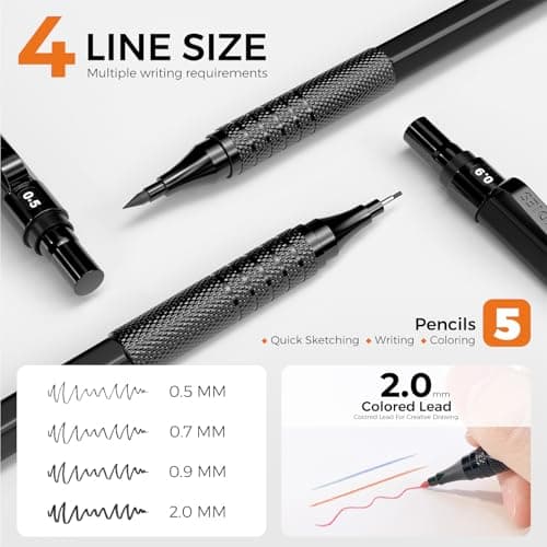 Four Candies Metal Mechanical Pencil Set, 3PCS Art Drafting Pencils 0.5, 0.7, 0.9MM & 2PCS 2MM Mechanical Drawing Pencils with 420PCS Leads (4B 2B HB 2H Color) for Writing Sketching Drawing (Black) - Thumbnail 2
