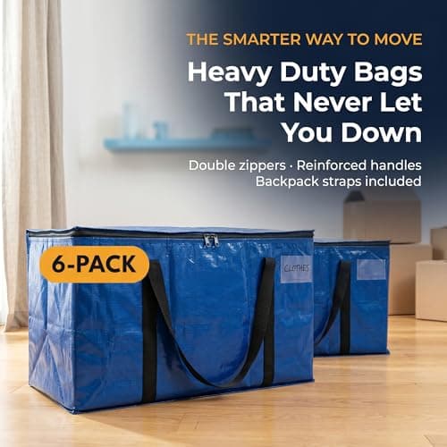 ClearSpace Heavy Duty Moving Bags or Storage Bag – Large Moving Boxes with Backpack Straps, Zippers & Handles – Perfect for Moving, College Dorm, Traveling, Camping, Christmas Decorations, 6 Pack - Thumbnail 2
