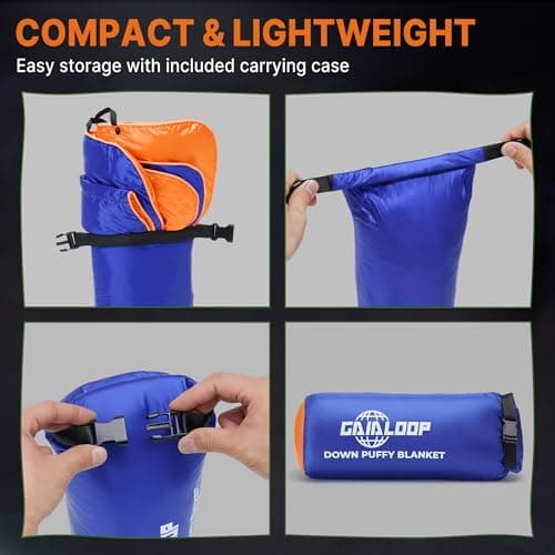 Gaialoop Down Puffy Blanket for Car Camping Outdoor Travel Backpacking, Duck Down Lightweight Portable Soft Warm Cozy Camping Blanket Quilt, 53"x78", Lake Blue - Thumbnail 5