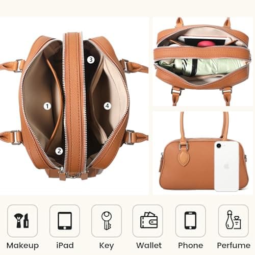 Genuine Leather Satchel Purse for Women Ladies Cross Body Bag Small Top Handle Handbag Lightweight for Daily Use Shopping Casual Outings Brown - Thumbnail 4