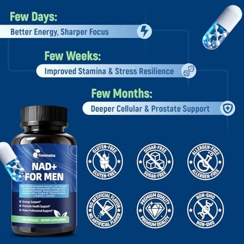 Femmetra NAD+ Supplements for Men with Saw Palmetto | All-in-One Cellular Energy, Prostate Support & Nitric Oxide Supplement with Resveratrol, L-Arginine | Non-GMO, 120 Capsules - Thumbnail 6