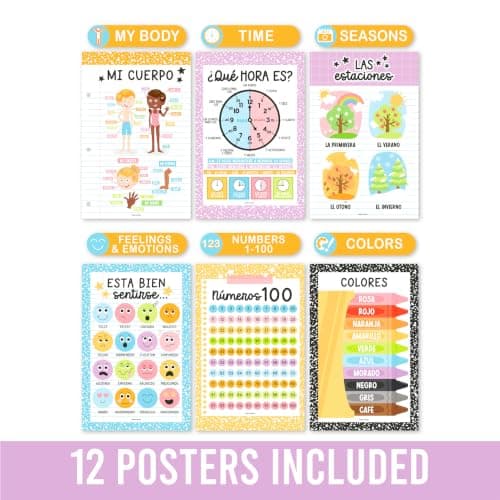 Hadley Designs Spanish Posters for Classroom - 12 Spanish Classroom Decorations, Laminated Educational Posters for Toddlers, Carteles Educativos en Español, Pastel Bilingual Homeschool Essentials - Thumbnail 5