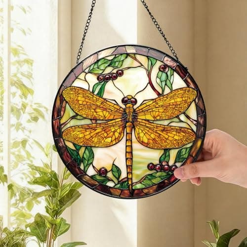 Zizzie Dragonfly Plant Suncatcher -7.9 in Stained Glass Window Hanging Sun Catcher Garden Decor - Thumbnail 4